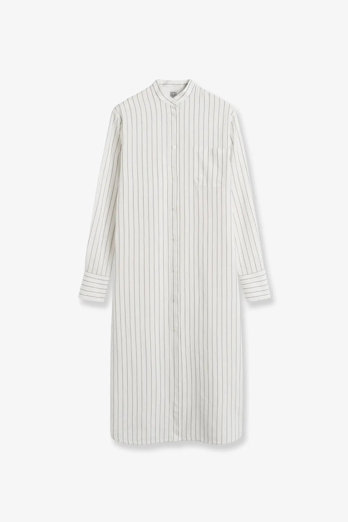 Toteme women’s silk and cotton dress white with long white and black vertical stripes and a stand collar button-up design