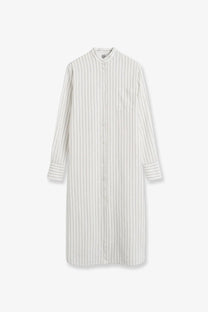 Toteme women’s silk and cotton dress white with long white and black vertical stripes and a stand collar button-up design