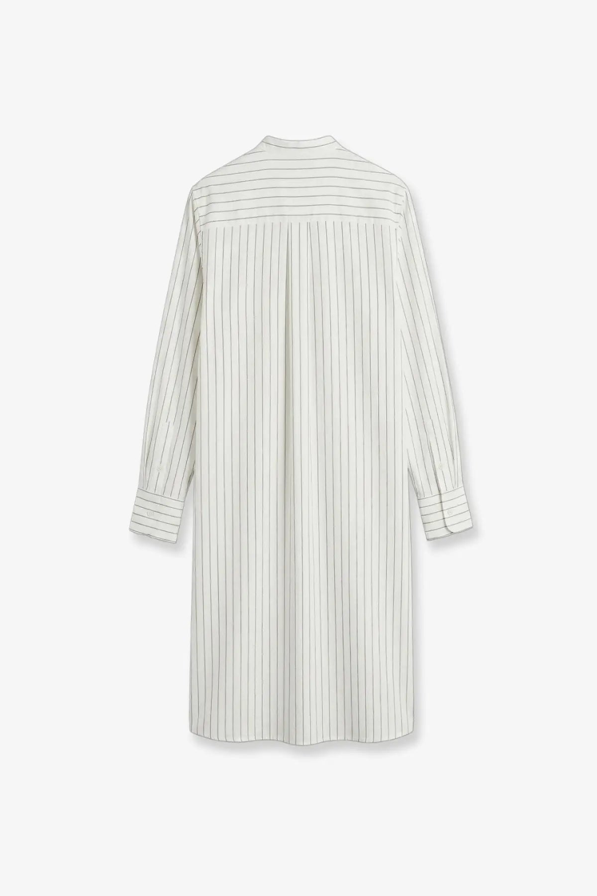 Toteme women’s silk and cotton long-sleeved off-white dress with fine vertical gray stripes and relaxed fit