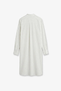 Toteme women’s silk and cotton long-sleeved off-white dress with fine vertical gray stripes and relaxed fit