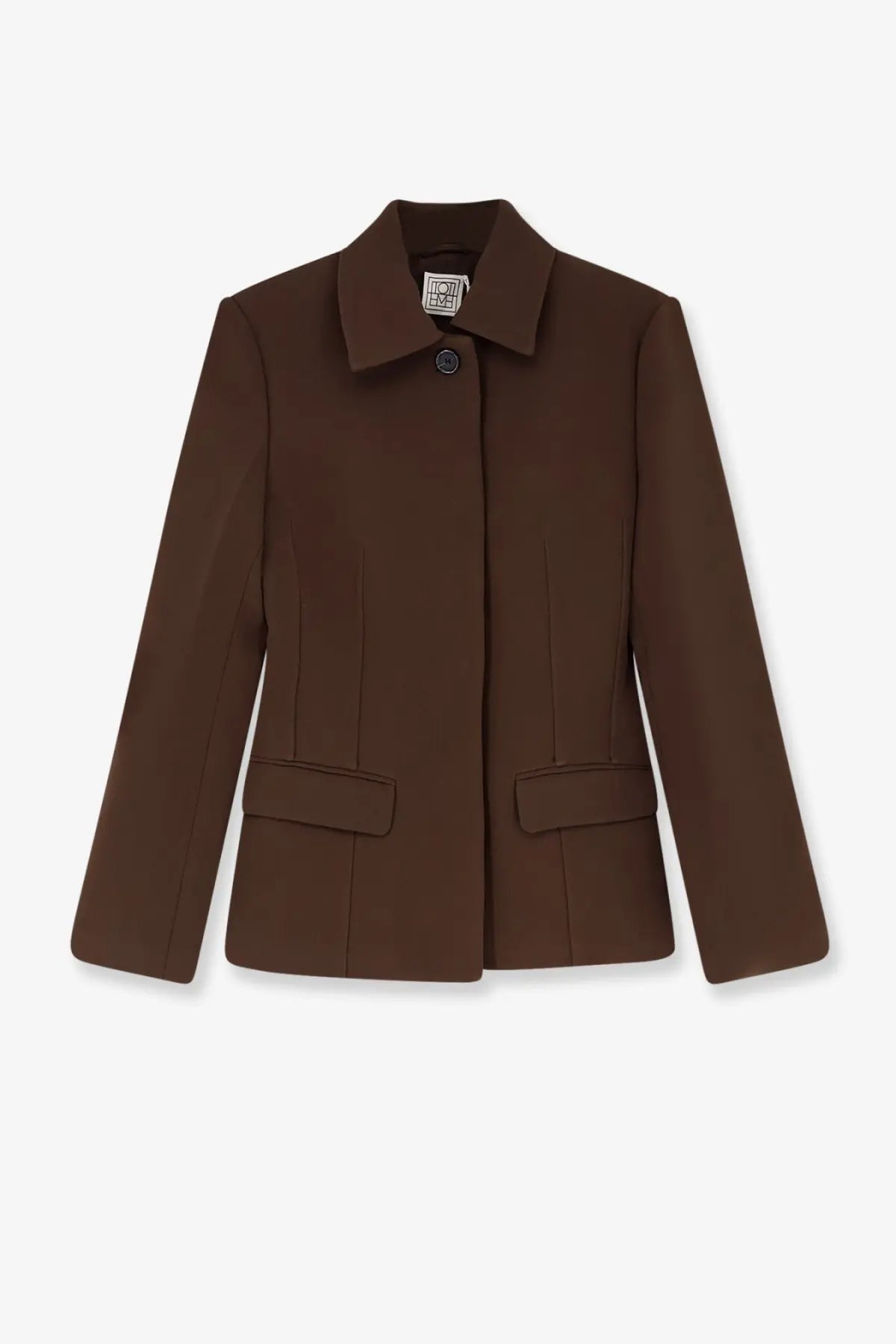 Toteme women’s slim fit tailored jacket in chocolate brown with a sleek blazer design and two front flap pockets