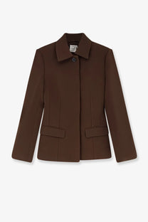 Toteme women’s slim fit tailored jacket in chocolate brown with a sleek blazer design and two front flap pockets