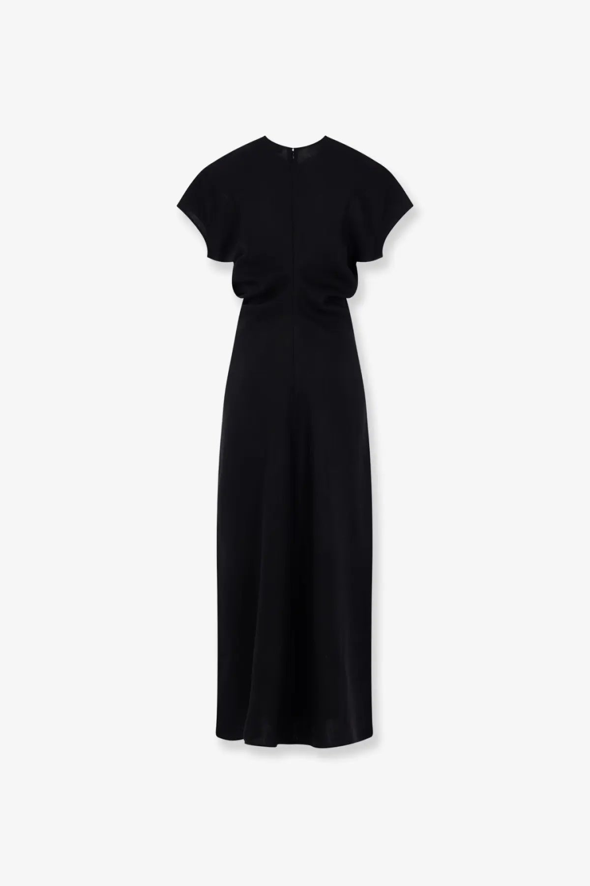 Toteme women’s slouch waist wool dress in black satin with short puffed sleeves and fitted waist midi length