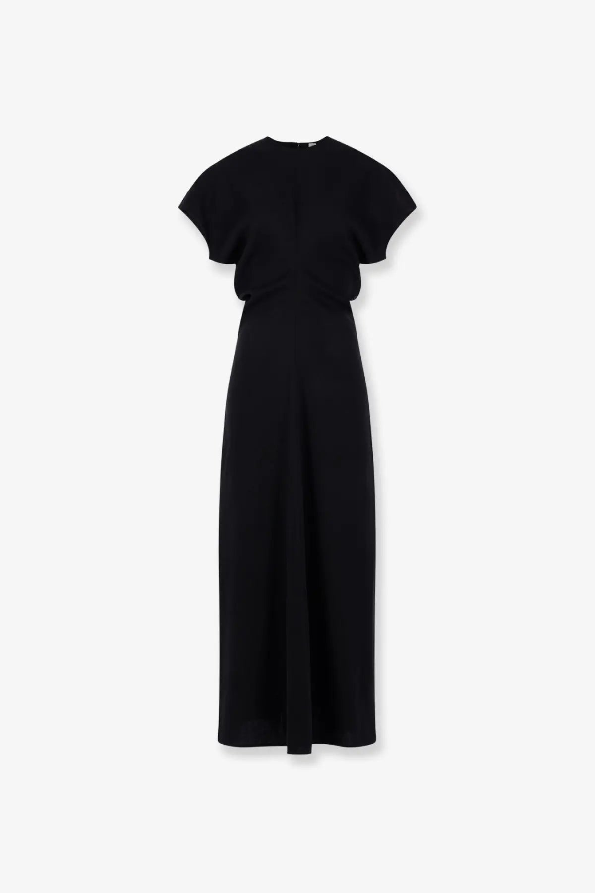 Toteme women’s black wool midi dress with slouch waist and short softly flared sleeves in minimalist design