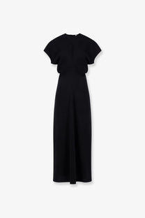 Toteme women’s black wool midi dress with slouch waist and short softly flared sleeves in minimalist design