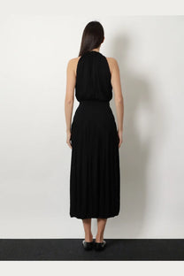 Toteme women’s black halter-neck midi dress with fitted bodice and flowing pleated viscose skirt