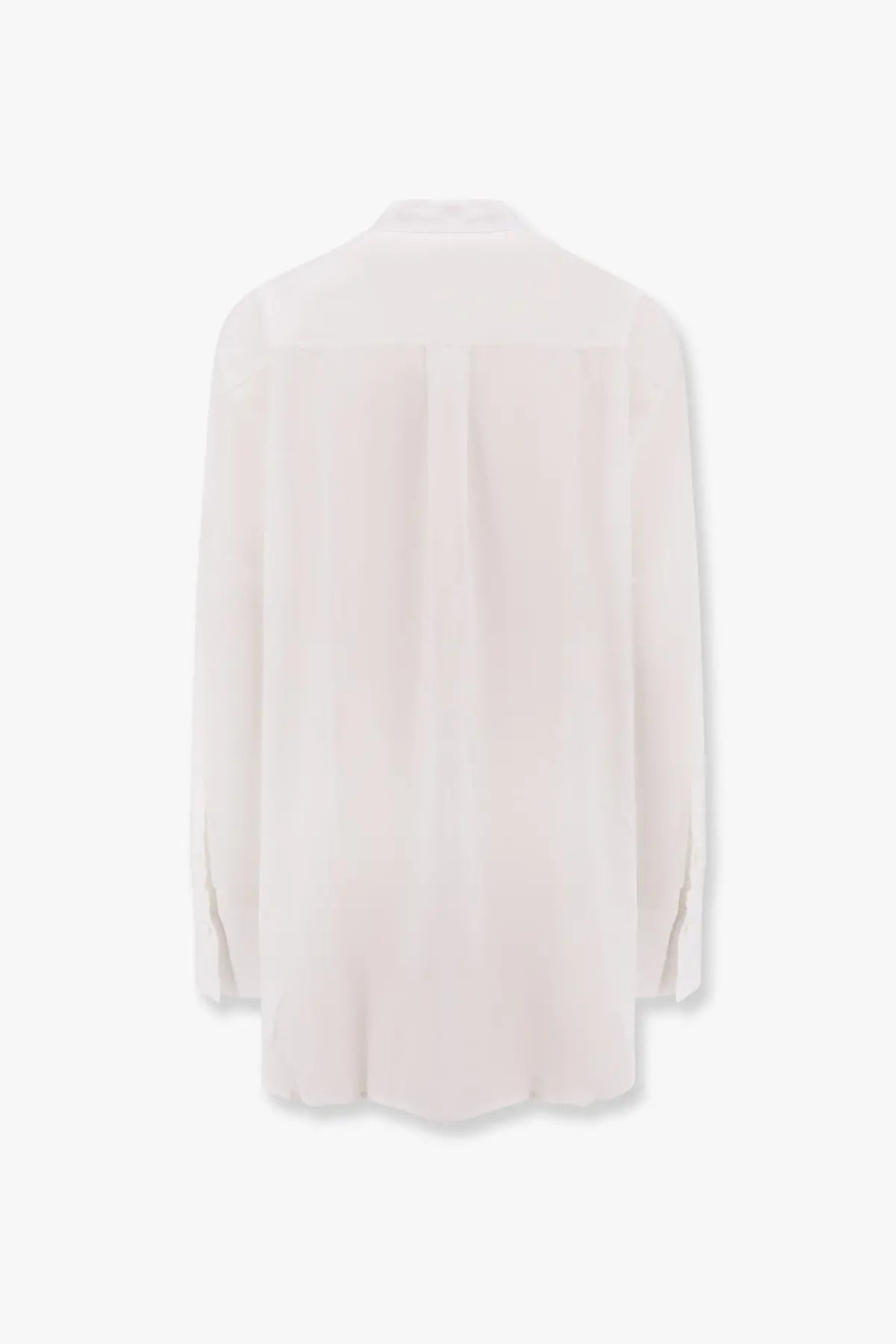 Toteme women’s stand collar organic cotton shirt white shown from the back with relaxed fit and subtle vertical pleats