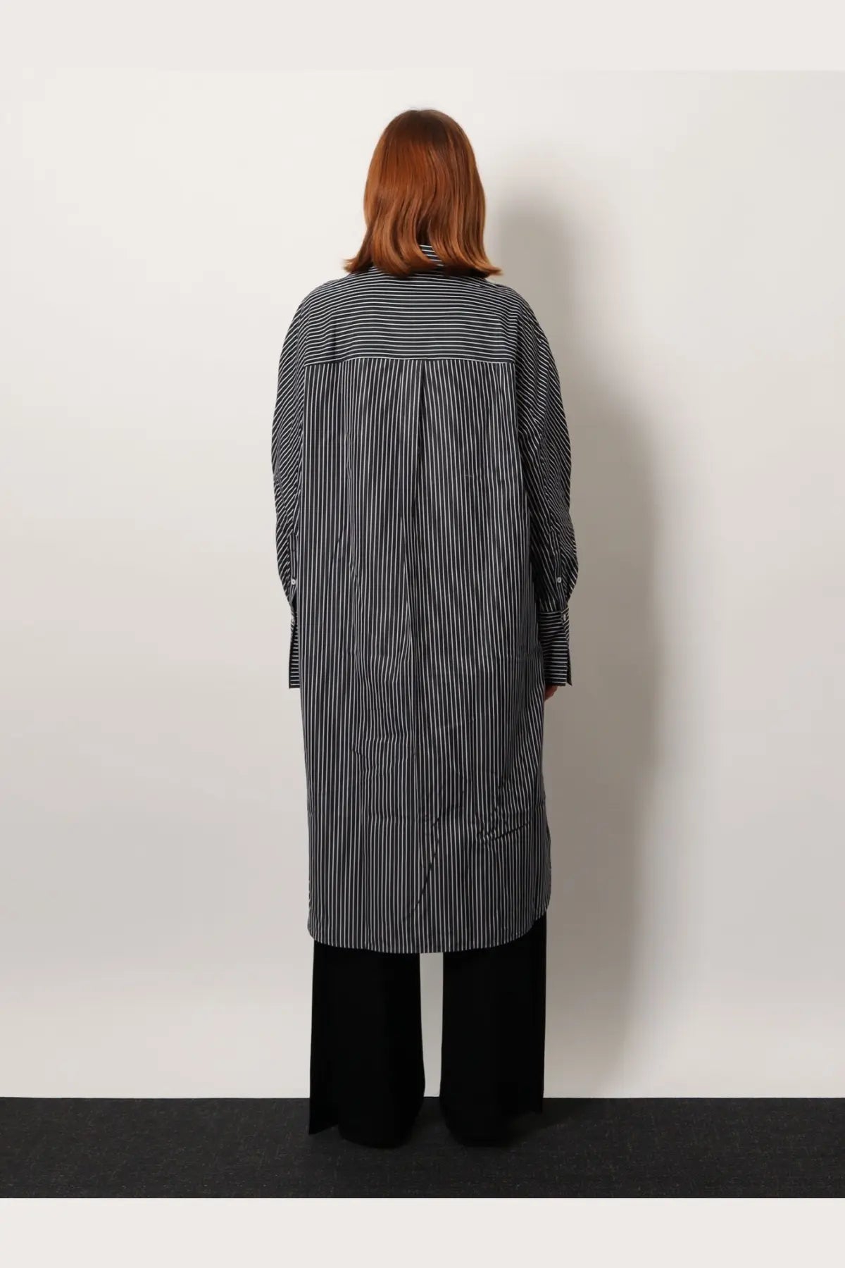 Toteme women’s striped kimono sleeve shirtdress black with long black and white vertical stripes and buttoned cuffs