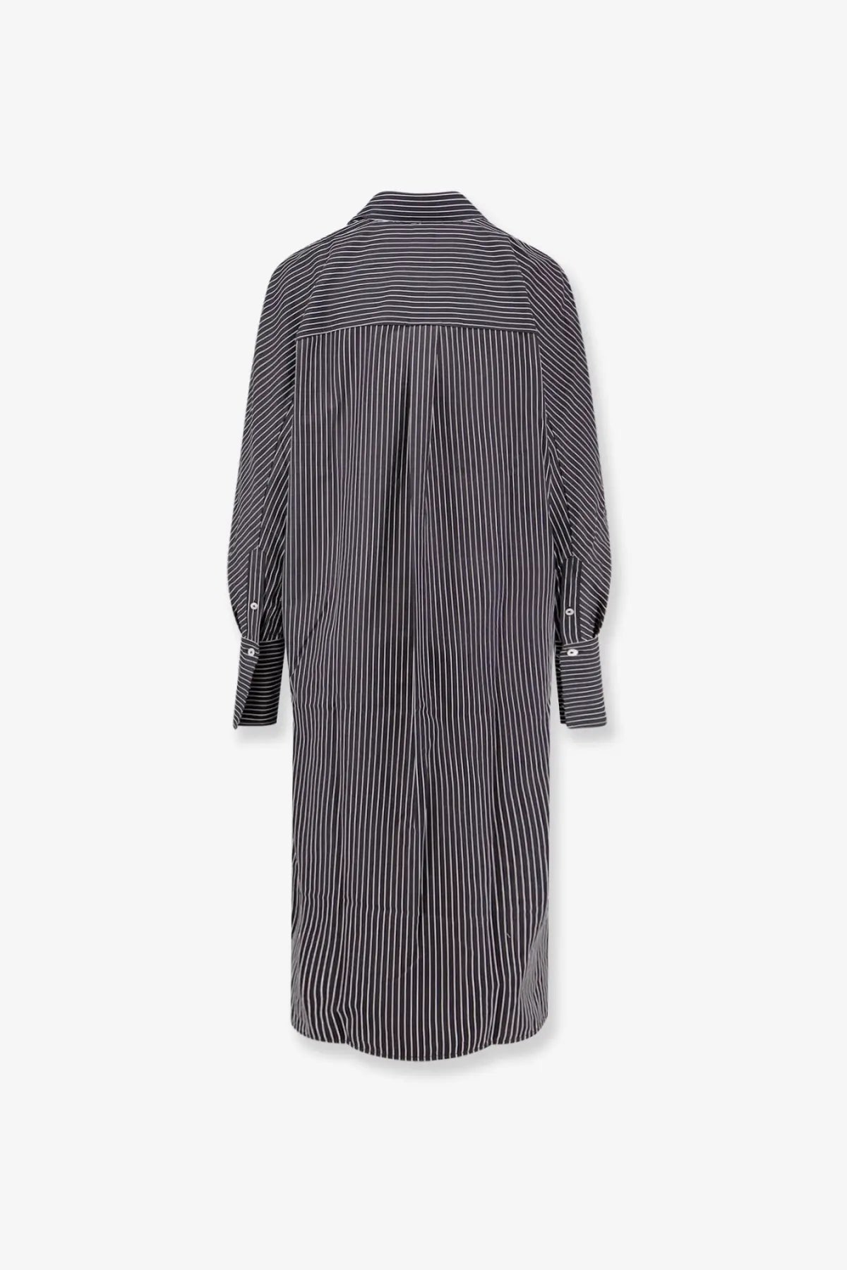 Toteme women’s black and white vertically striped long-sleeved shirt dress with classic collar and relaxed fit