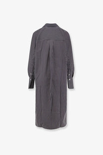 Toteme women’s black and white vertically striped long-sleeved shirt dress with classic collar and relaxed fit
