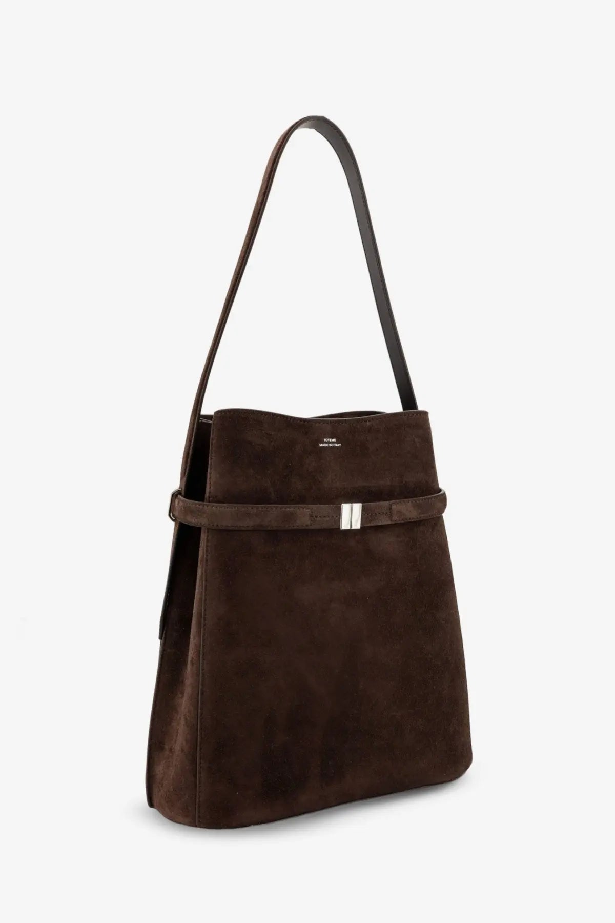 Toteme women’s brown suede shoulder bag with sleek black strap and silver toned buckle accent