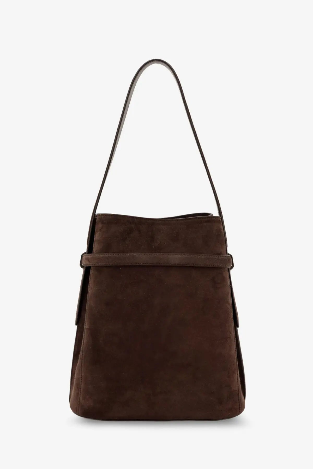 Toteme women’s suede shoulder bag in brown with a sleek minimalist design and matching strap