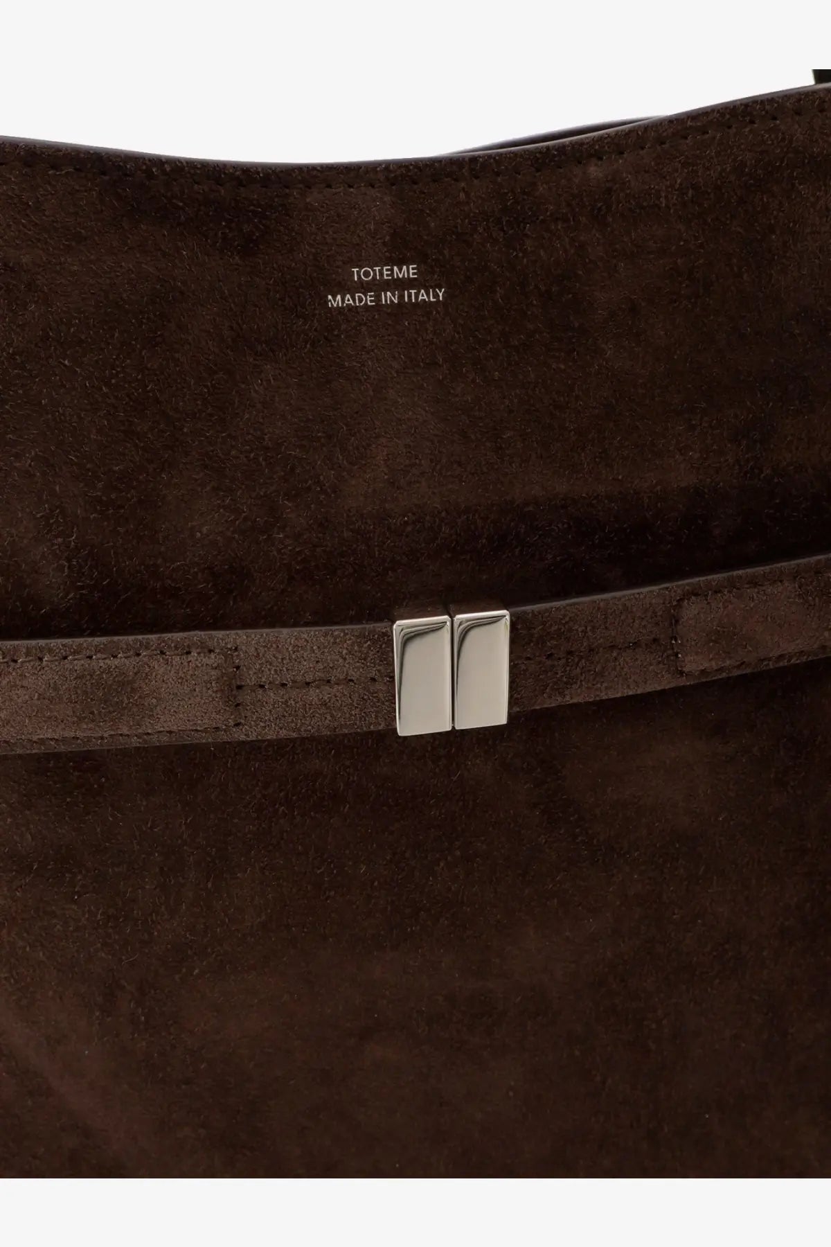 Toteme women’s brown suede shoulder bag with silver metal clasp and embossed made in Italy interior tote bag