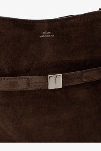 Toteme women’s brown suede shoulder bag with silver metal clasp and embossed made in Italy interior tote bag