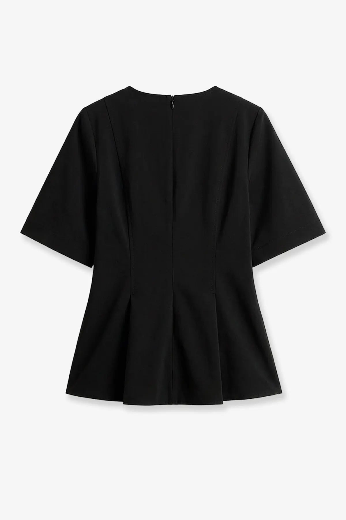 Back view of toteme women’s tailored black cotton peplum top with short sleeves and central zipper closure