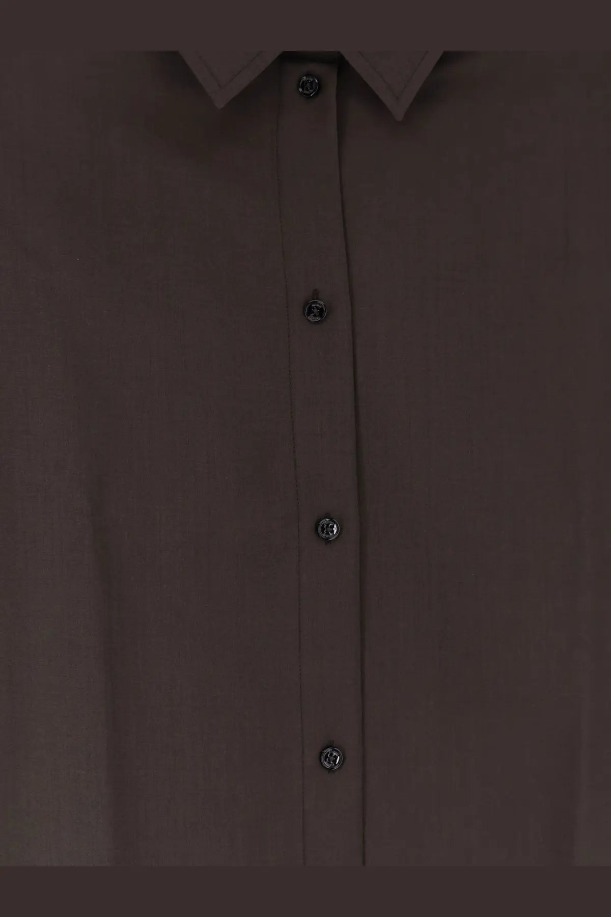 Dark brown button-up shirt with classic collar and metallic buttons in wool by toteme womens tie cuff wool shirt grey