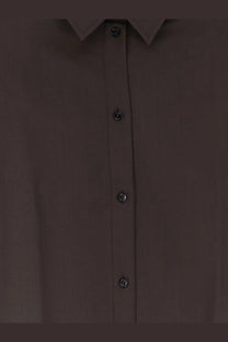 Dark brown button-up shirt with classic collar and metallic buttons in wool by toteme womens tie cuff wool shirt grey