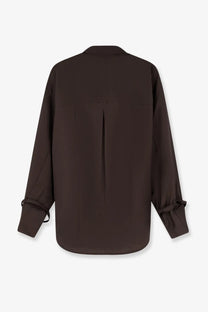 Toteme women’s grey wool shirt with long sleeves relaxed fit and tie cuffs in dark brown visible