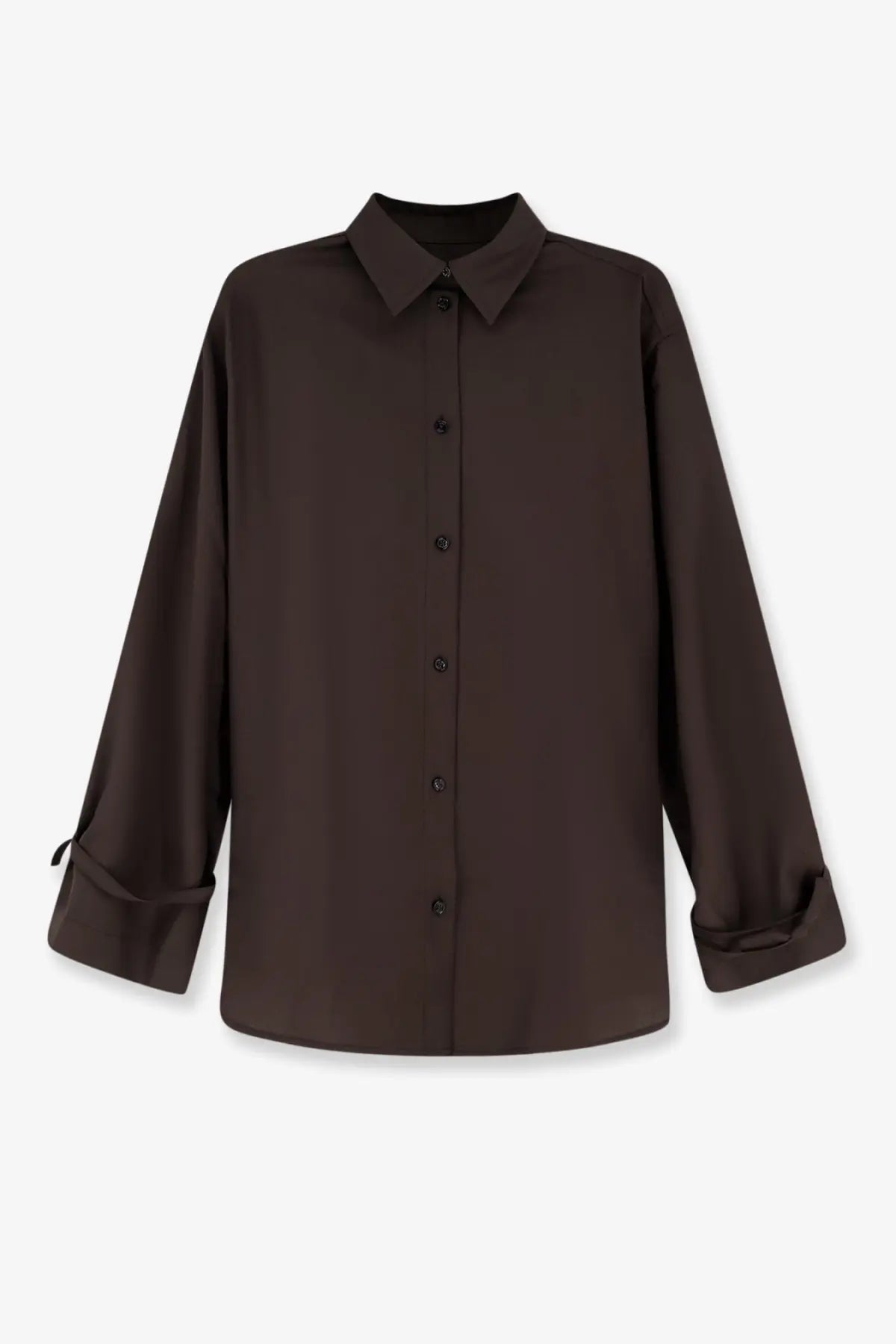 Toteme women’s wool shirt in dark brown long sleeves with classic collar and rolled cuffs