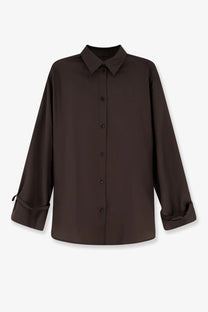 Toteme women’s wool shirt in dark brown long sleeves with classic collar and rolled cuffs