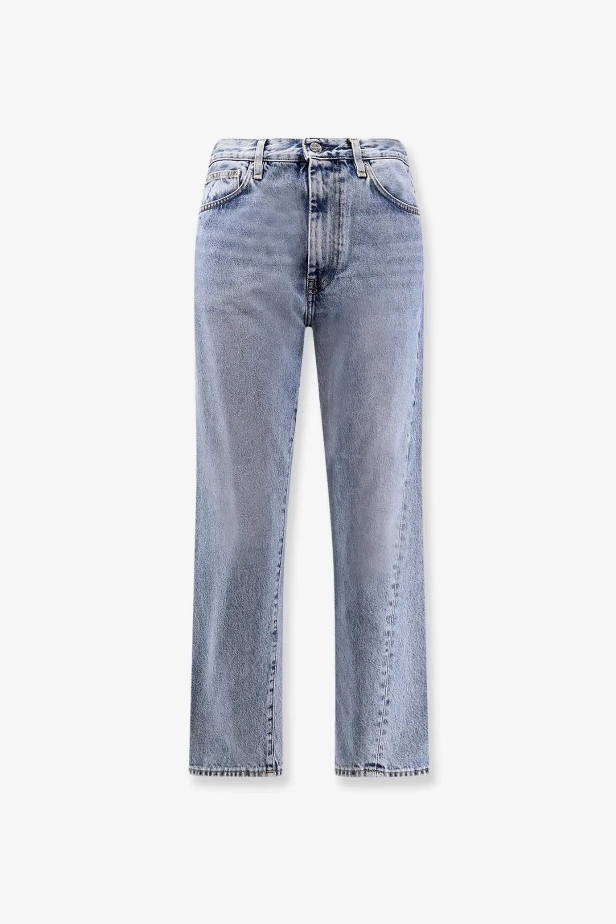 Toteme women’s twisted seam organic cotton jeans in blue light-wash denim with straight-leg cut and classic five-pocket design