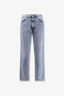 Toteme women’s twisted seam organic cotton jeans in blue light-wash denim with straight-leg cut and classic five-pocket design