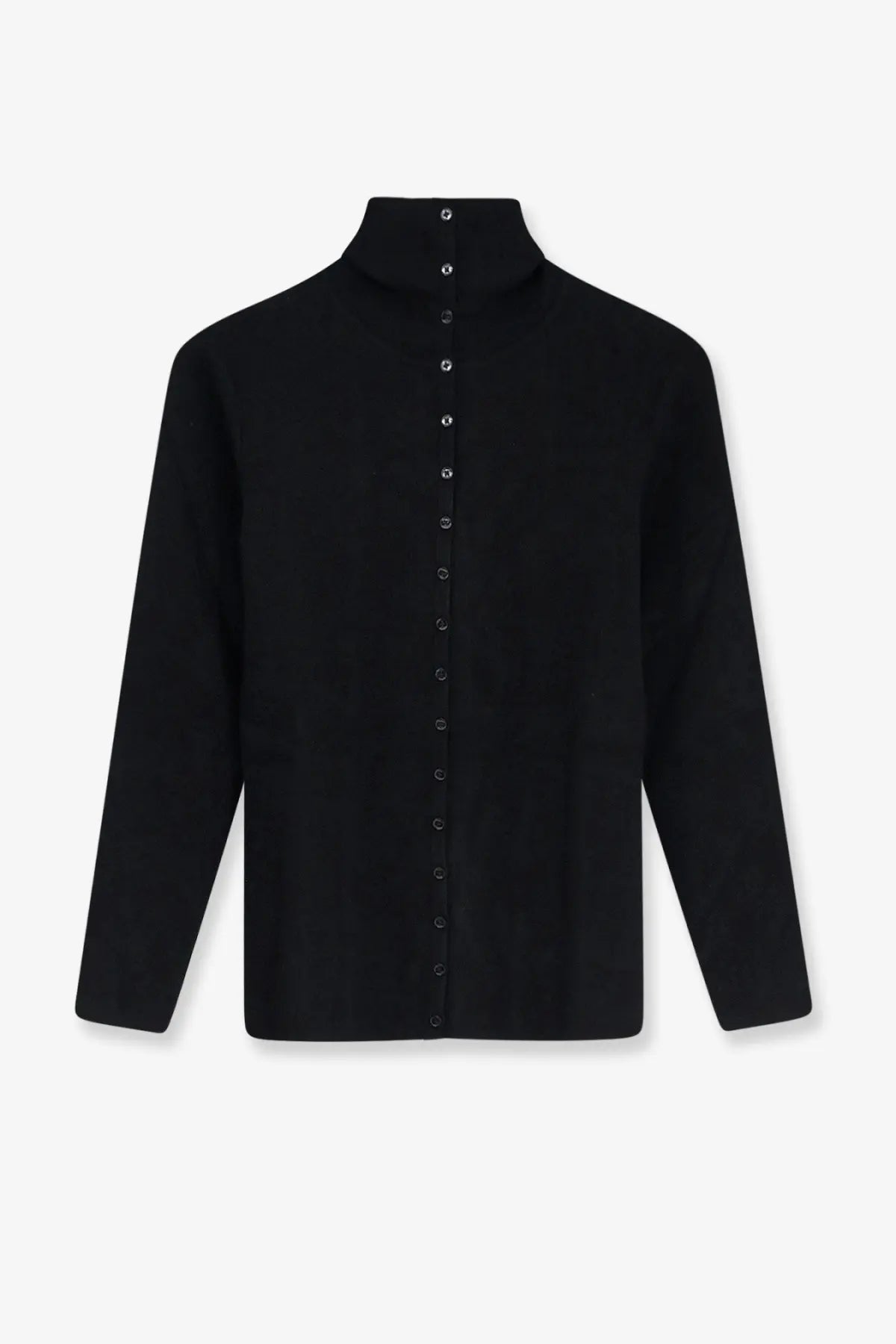 Toteme women’s viscose blend black cardigan with high neck button-up closure and subtle textured minimalist design