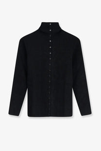 Toteme women’s viscose blend black cardigan with high neck button-up closure and subtle textured minimalist design