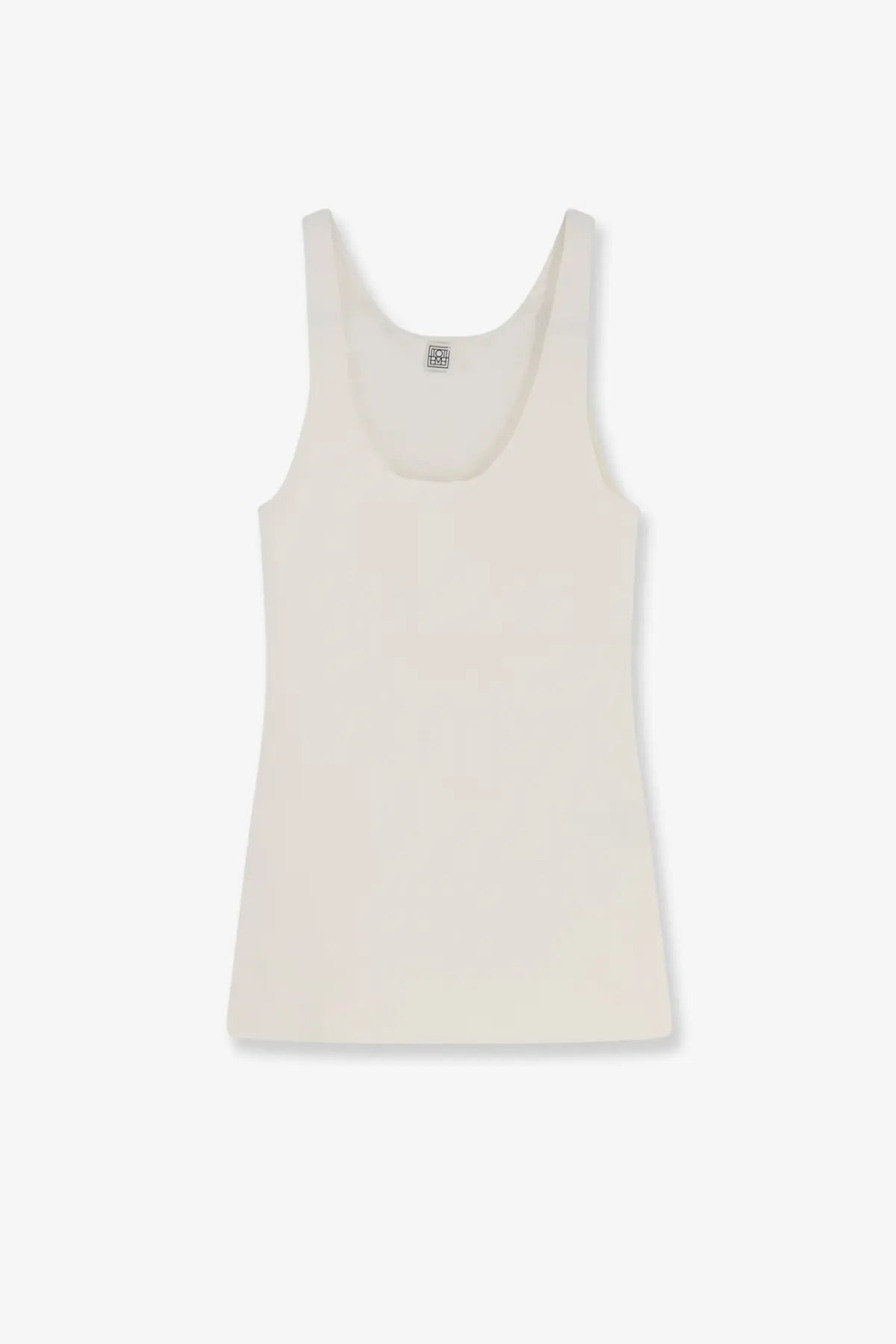 Toteme women’s cream-colored viscose blend tank top with thin straps and a scoop neckline in a form-fitting style