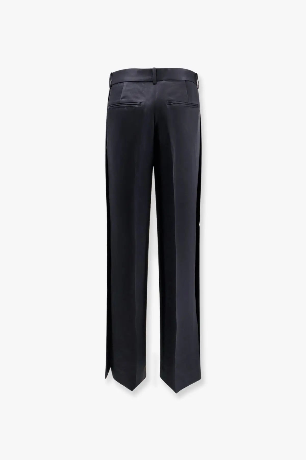 Toteme women’s black viscose blend trousers with sleek straight-leg cut and subtle side slits at the hem
