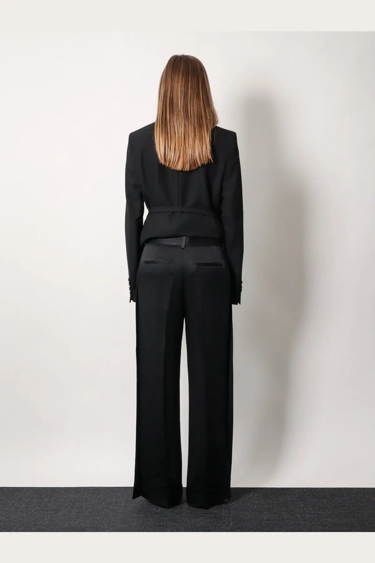Black toteme womens viscose blend tailored blazer with cinched waist and matching wide-leg trousers