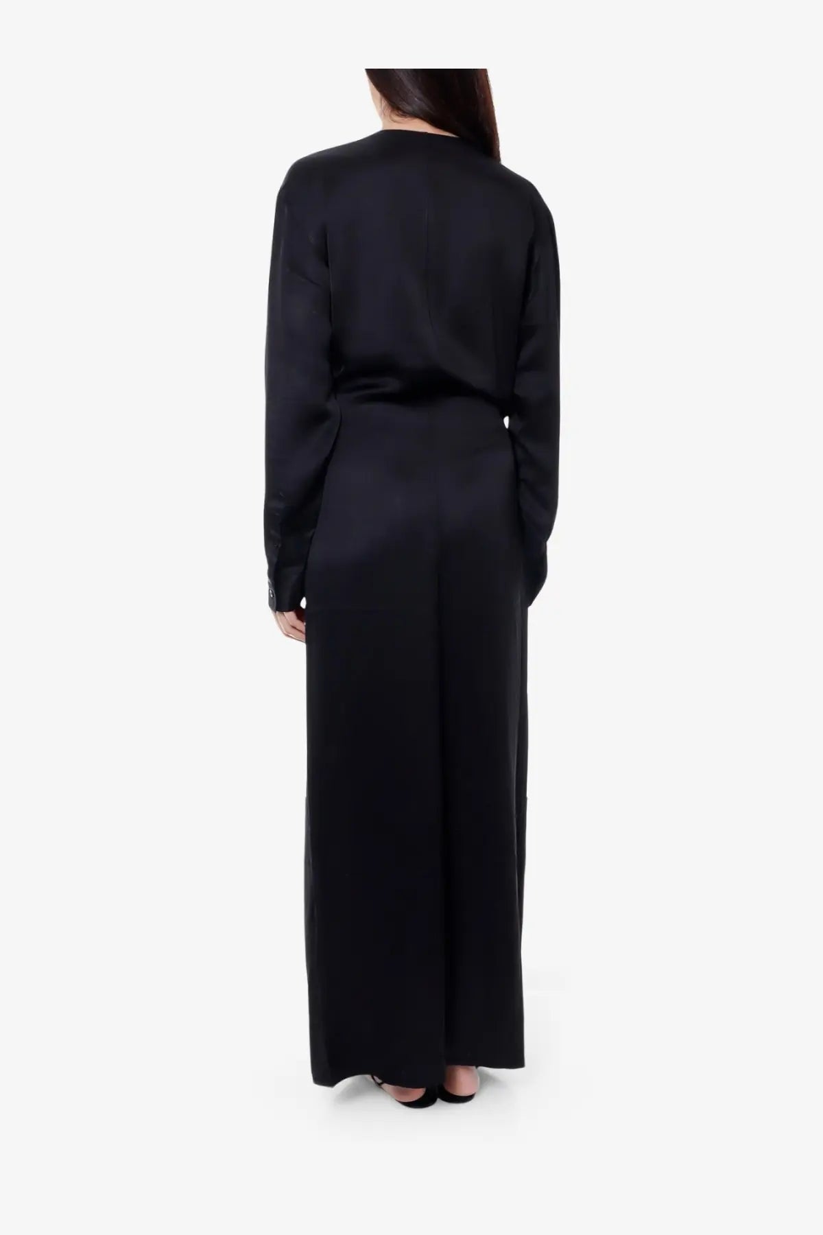 Toteme women’s black satin jumpsuit with long sleeves and high waist made of viscose for elegant wear