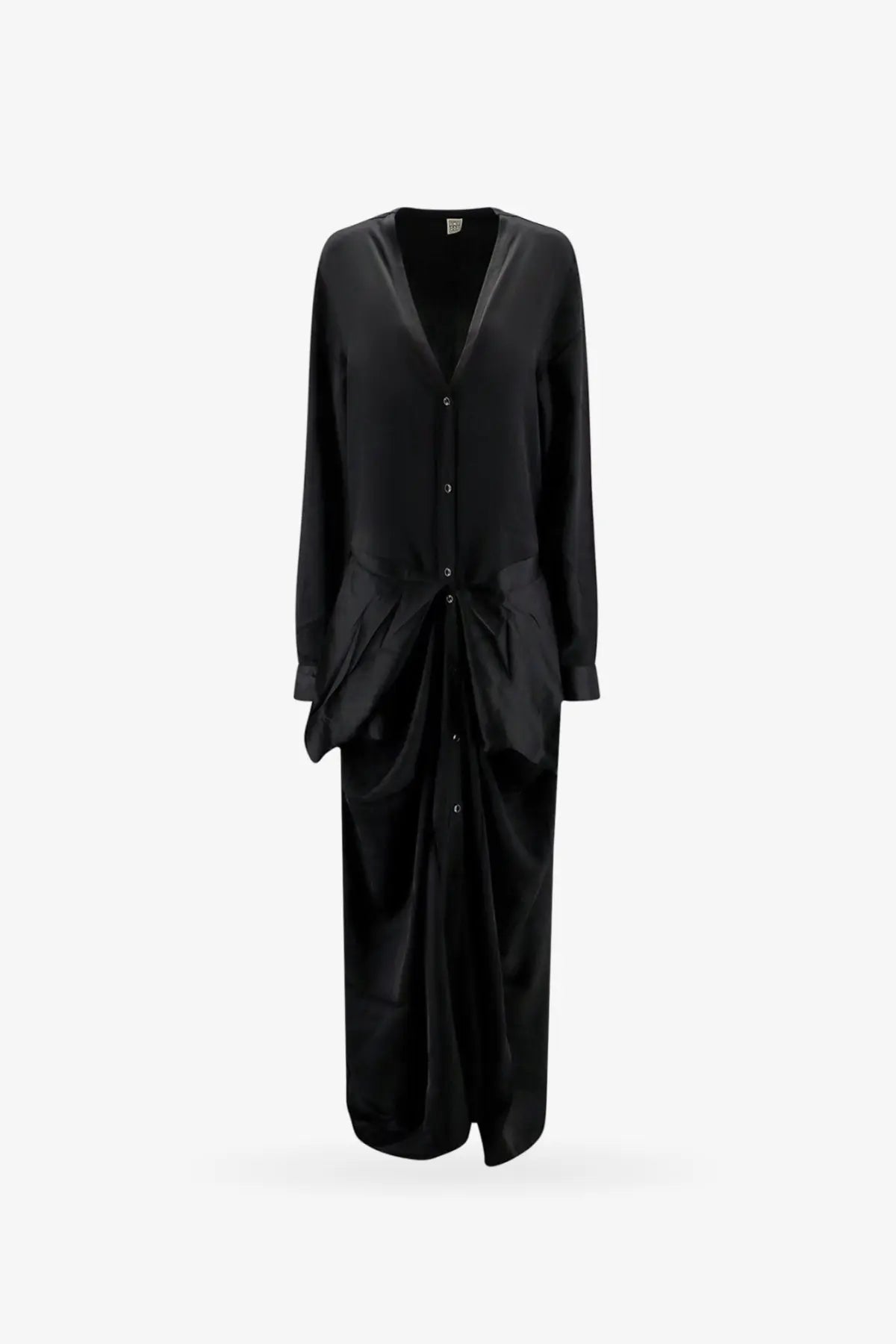 Toteme women’s black satin long dress with v-neck, long sleeves, button front, and asymmetrical front pleats