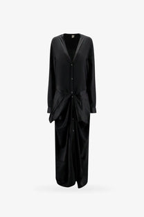 Toteme women’s black satin long dress with v-neck, long sleeves, button front, and asymmetrical front pleats