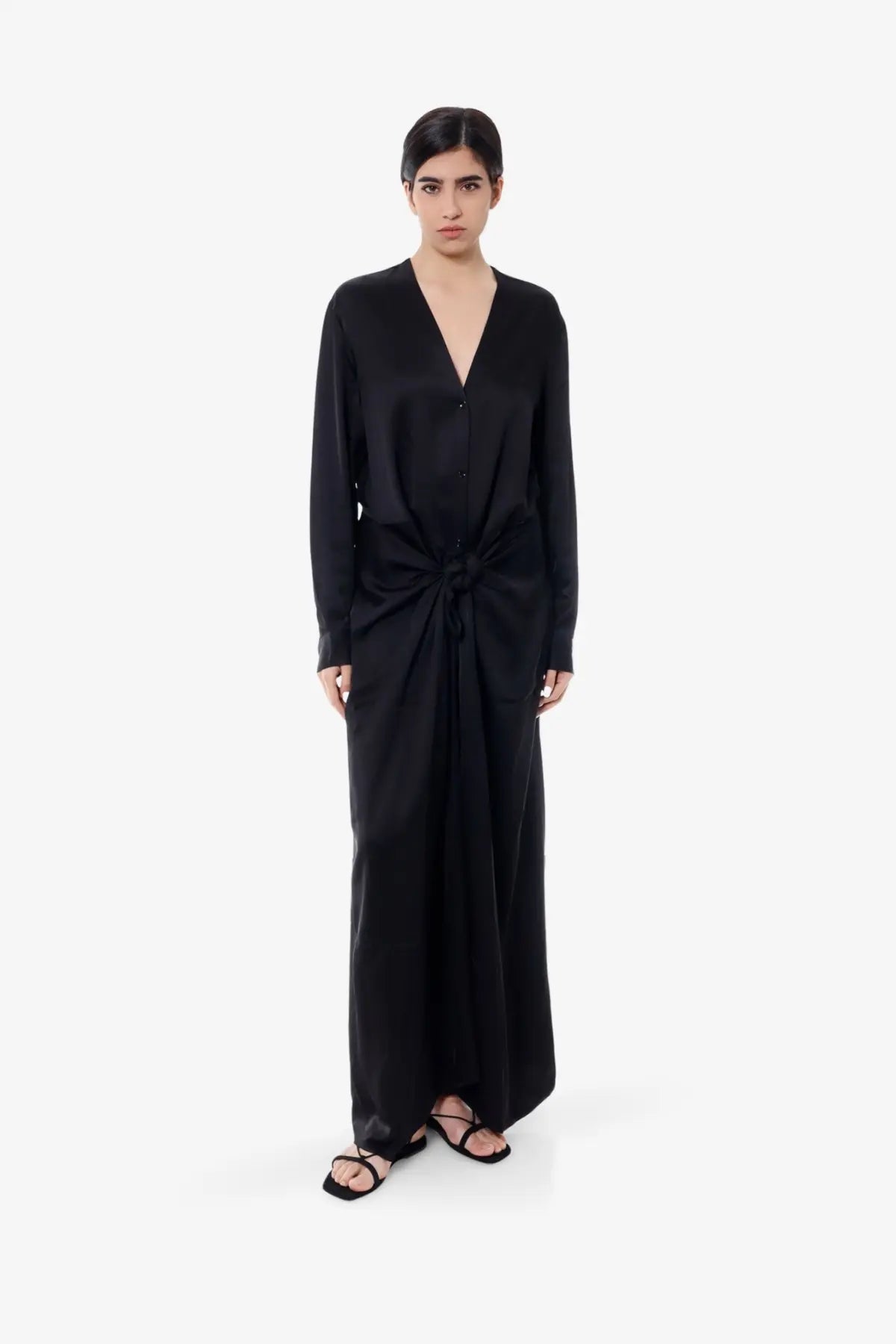 Toteme women’s black viscose long dress with v-neck front knot detail and long satin sleeves