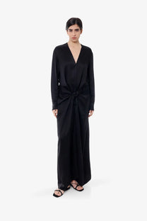 Toteme women’s black viscose long dress with v-neck front knot detail and long satin sleeves