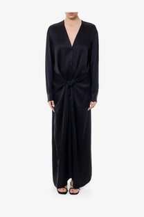 Toteme women’s black viscose long dress with v-neck, button-front closure, long sleeves, and tied waist detail