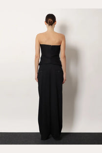 Black strapless corset top with structured bodice and toteme black viscose and wool wide-leg trousers set