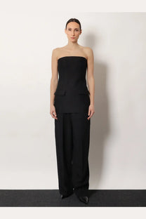 Toteme women’s black viscose and wool trousers with a structured waist paired with a matching strapless top