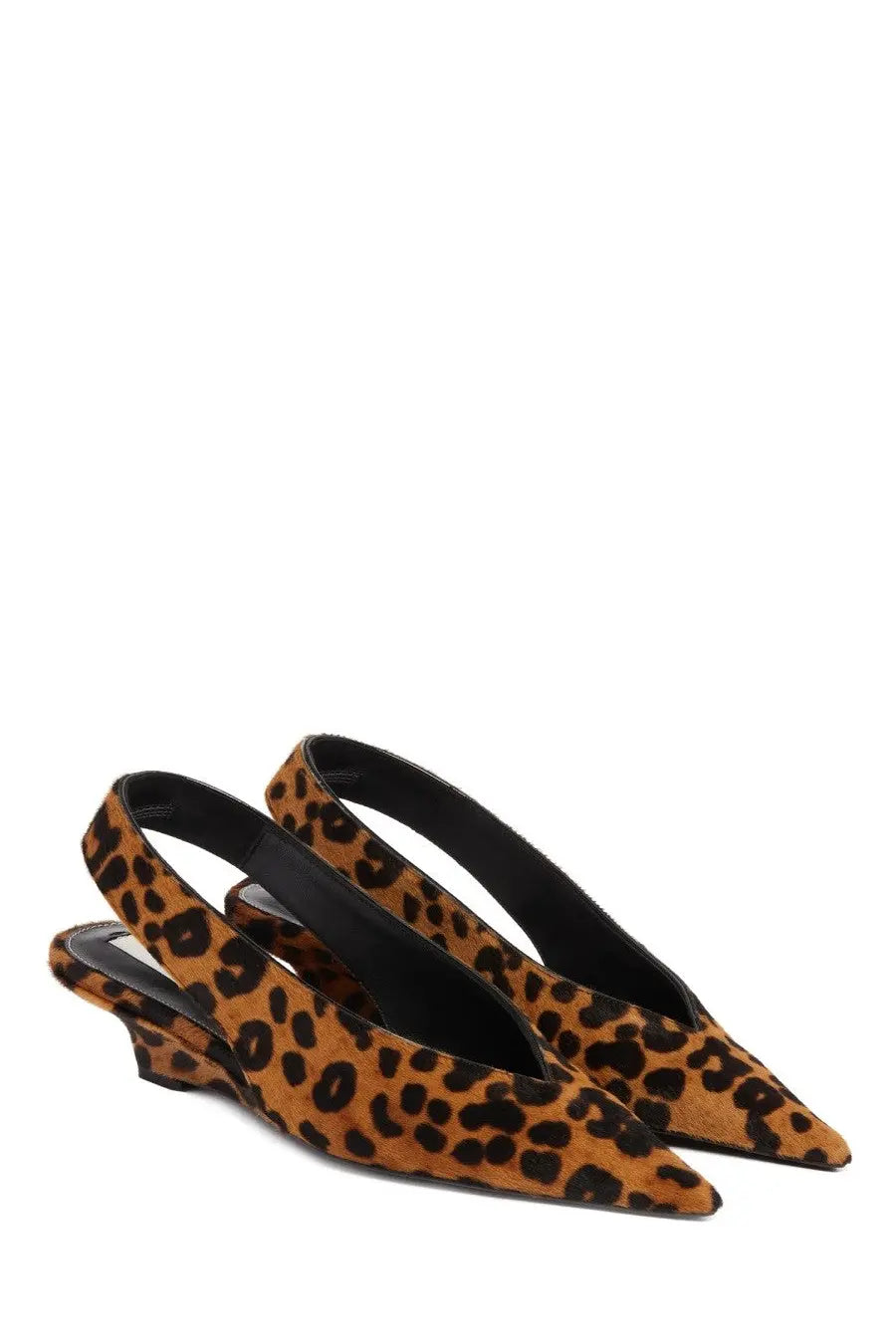 Toteme women’s wedge slingback pumps in caramel leopard-print suede with black interior lining displayed from the back
