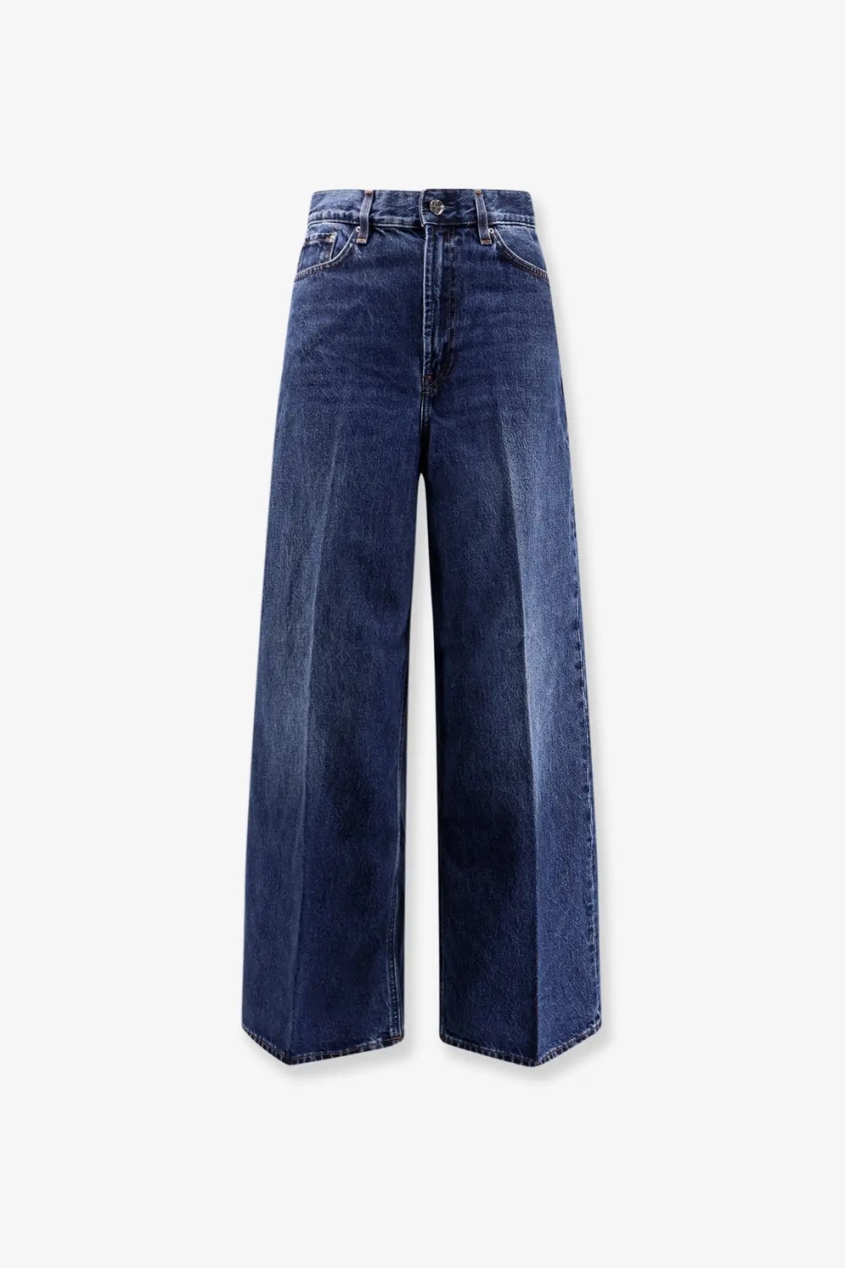 Dark blue wide-leg organic cotton jeans with high waist and classic five-pocket design by Toteme women’s