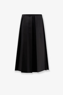 Toteme women’s black wool and silk midi skirt with pleats and white trim along hem and waistband