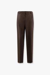 Toteme women’s wool trousers grey with a sleek straight-leg cut and subtle pleats at the waistband in brown