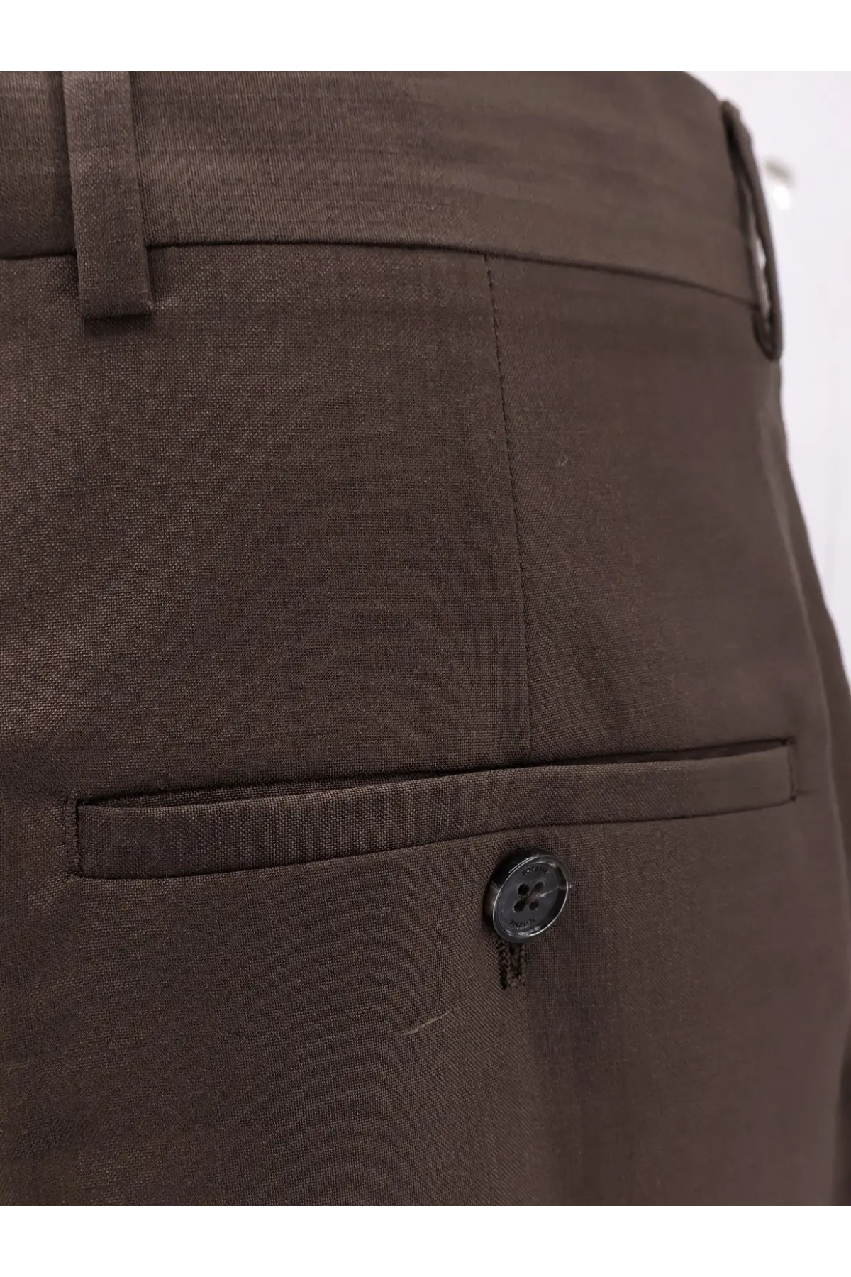Toteme women’s wool trousers grey in brown textured fabric with subtle weave and dark button on front pocket