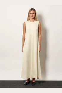 Toteme women’s woven stripes viscose long dress white flowing sleeveless maxi dress with round neckline and straight hemline