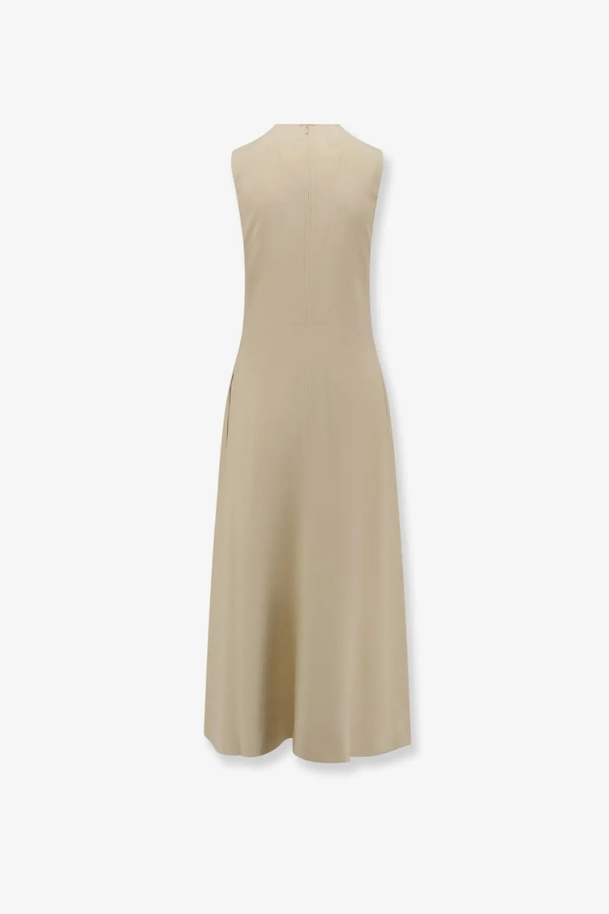 Toteme women’s sleeveless beige viscose dress with knee-length hem, subtle side slit, and simple back zipper shown from back