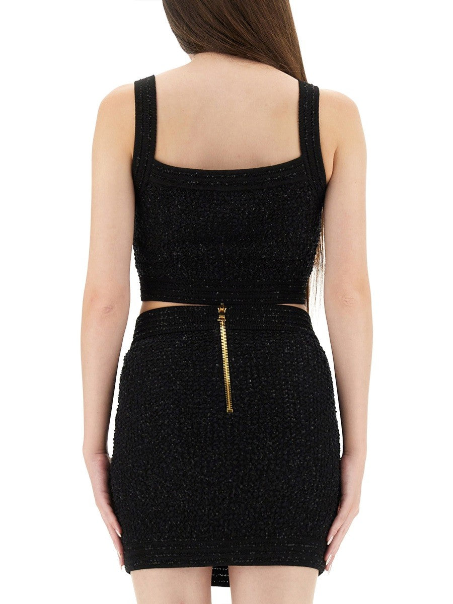 Balmain Women's Tweed Crop Top Black