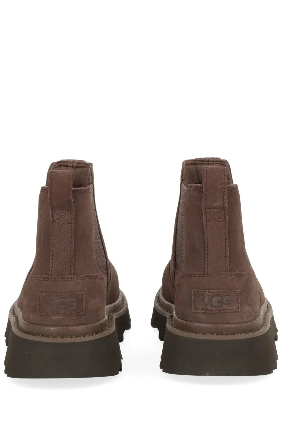 Ugg men’s chelsea lug boot in brown suede with chunky dark brown soles for durable style and comfort