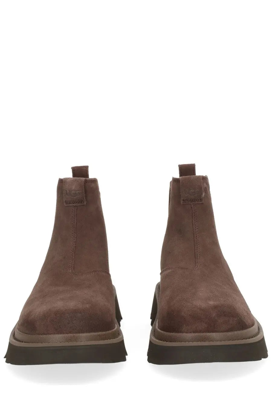 Ugg men’s chelsea lug boot in brown suede with a chunky black rubber sole for durable comfort and style