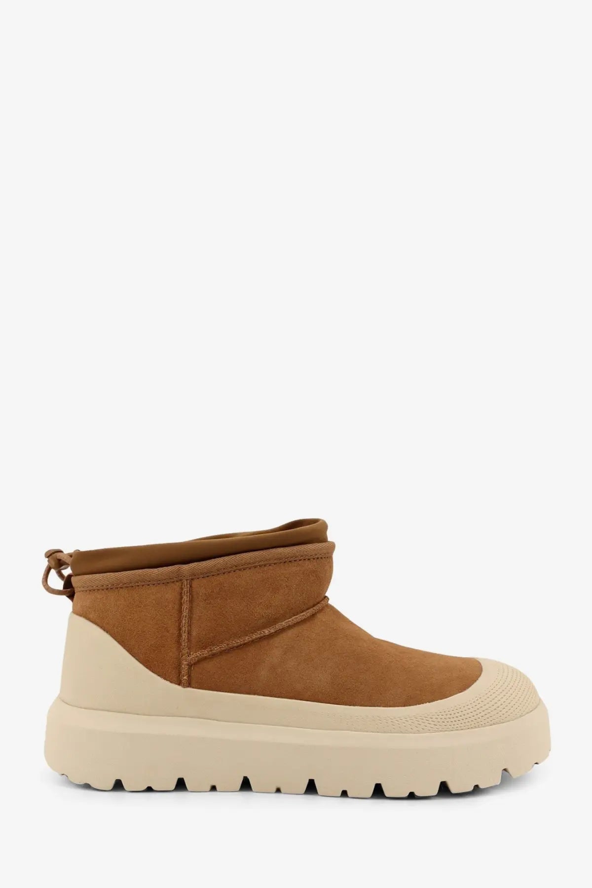 Ugg men’s cl ultra mini weather hybrid ankle boots in tan suede with cream platform sole and rubberized toe cap